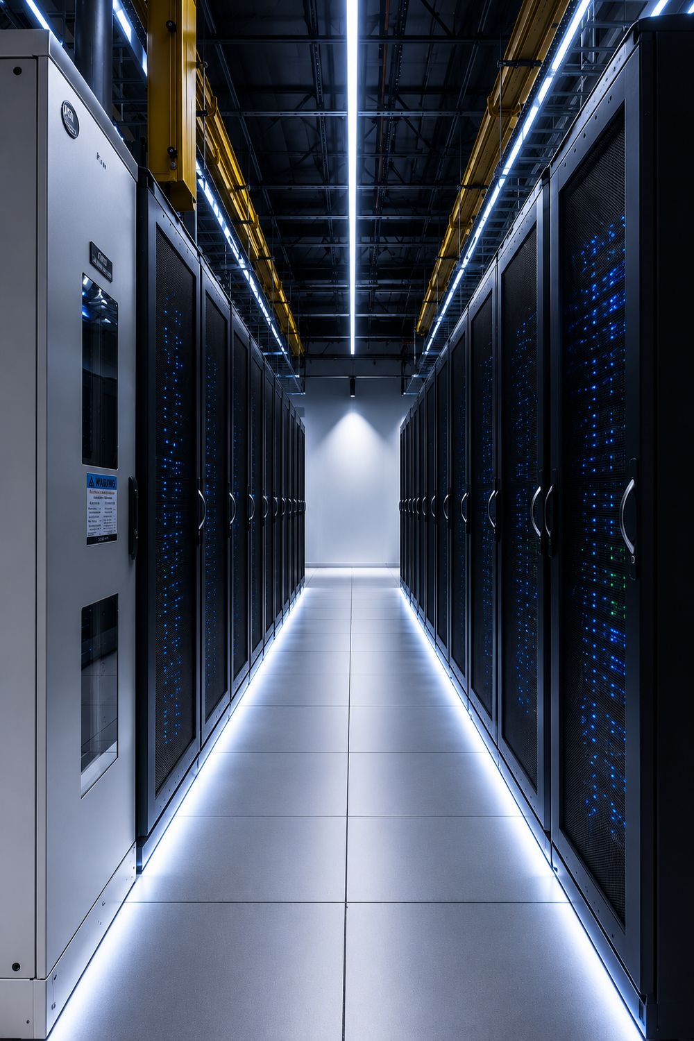 A long, LED-lit aisle of server racks in a datacenter