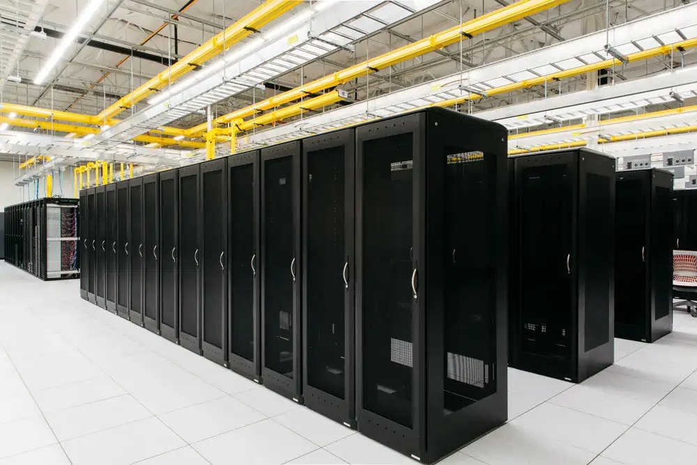 A row of Blue Arctic server cabinets in the Tampa, FL datacenter, the platform your website runs on